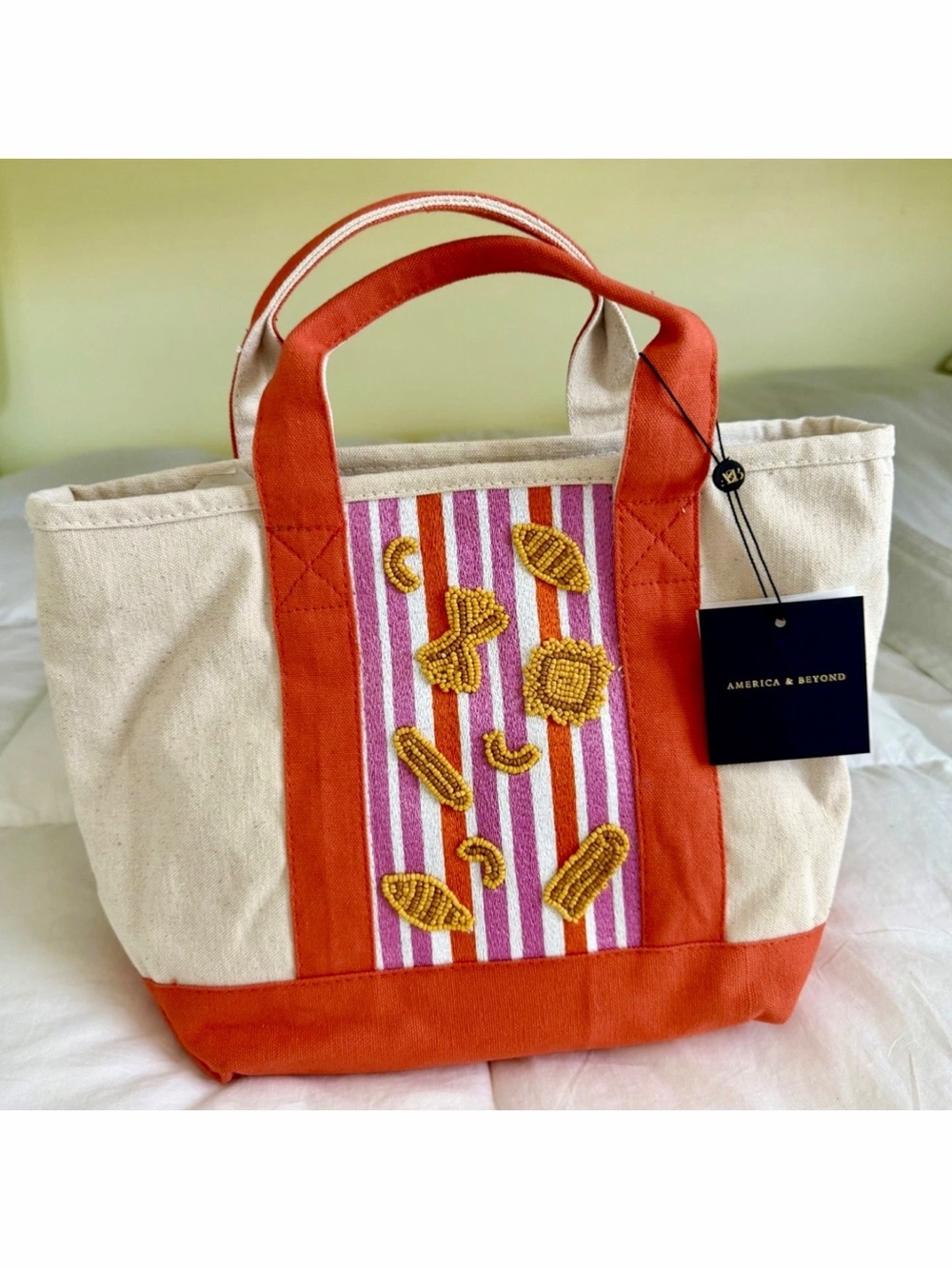 America & Beyond Pasta Shells Small Canvas Tote Beaded Bag Striped Euro Gift NWT